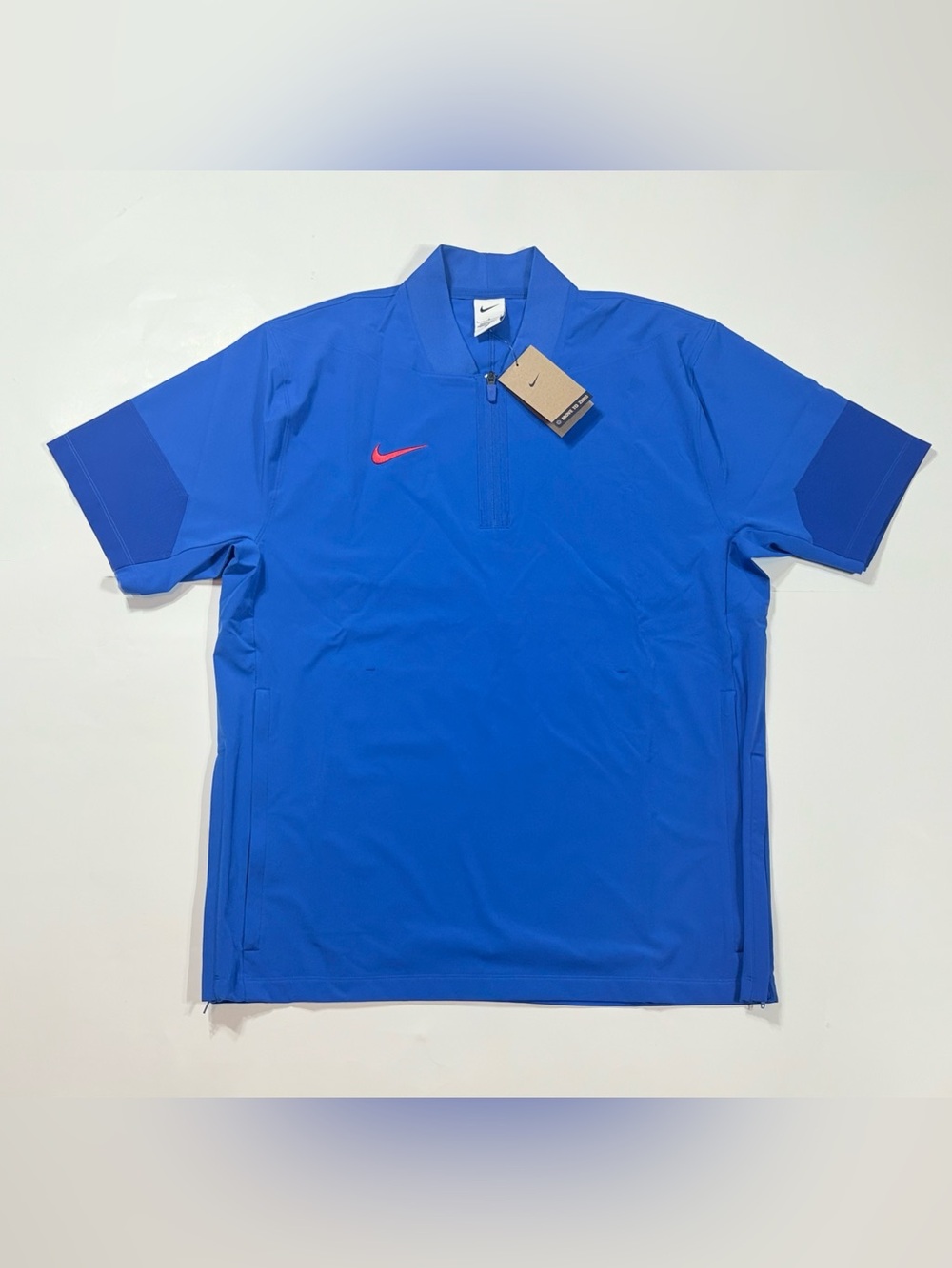 Nike Men’s Blue Short-Sleeve Quarter-Zip Coach Jacket with Red Swoosh